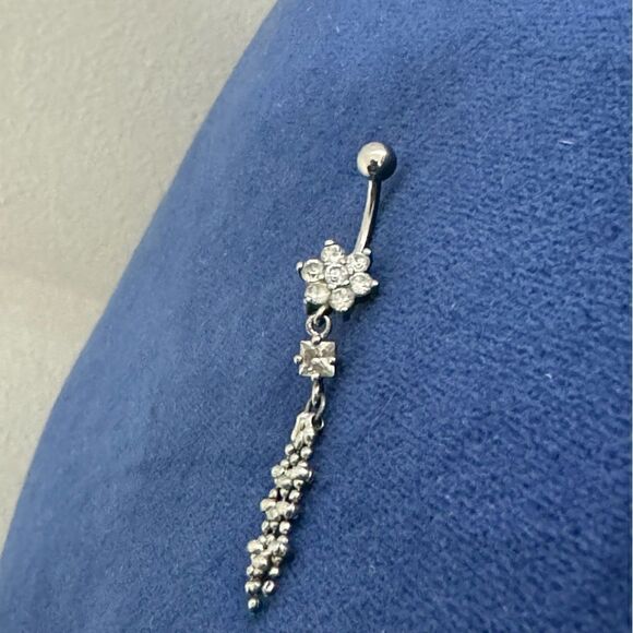 Stainless Steel Silver CZ Cubic Zirconia Dangle Bead Vintage Belly Ring Piercing - Picture 5 of 6